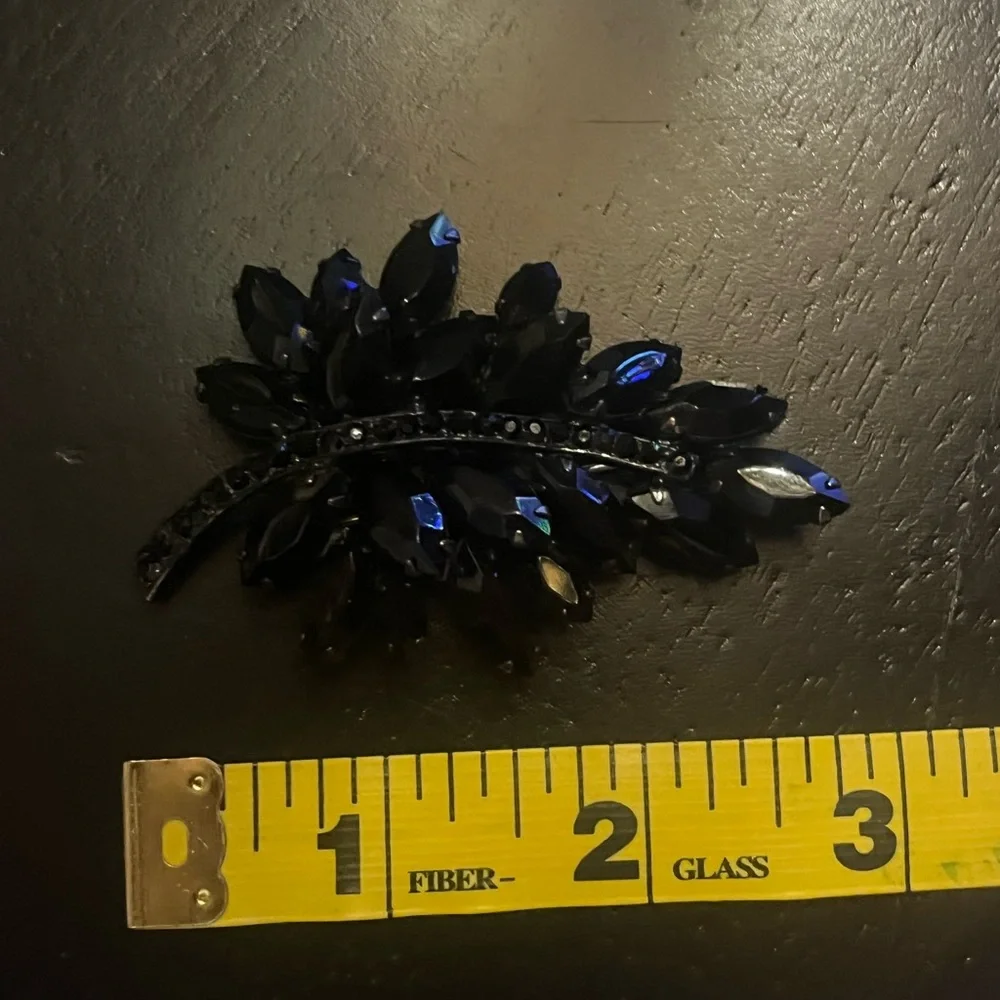 Vintage Jet Black Rhinestone Leaf Brooch